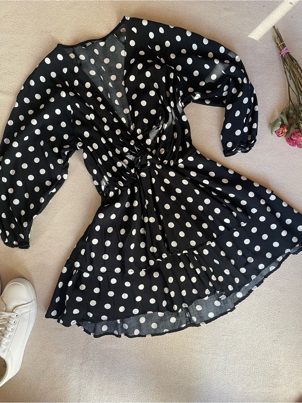 Zara Black & White Polka Dot Tie-Front Mini Dress